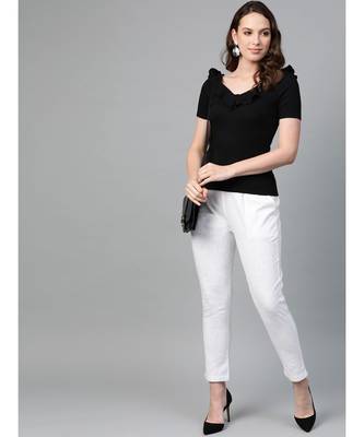 Cotton Slub Solid Regular Fit Casual Trouser Pants White 5