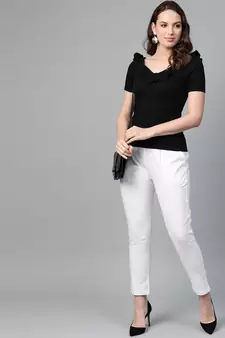Cotton Slub Solid Regular Fit Casual Trouser Pants White