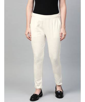 Cotton Slub Solid Regular Fit Casual Trouser Pants Off-White 1