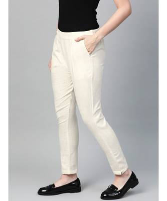 Cotton Slub Solid Regular Fit Casual Trouser Pants Off-White 2