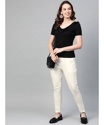 Cotton Slub Solid Regular Fit Casual Trouser Pants Off-White 5