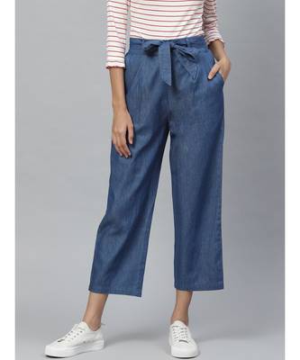 Denim Mid-Rise Culottes With Waist Tie-Up 1