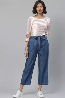 Denim Mid-Rise Culottes With Waist Tie-Up