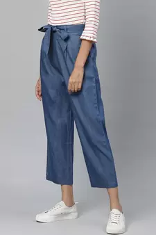 Denim Mid-Rise Culottes With Waist Tie-Up