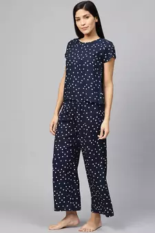 Polka Dot Printed Night Suitblue