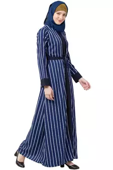 Double layered striped abaya- Navy Blue