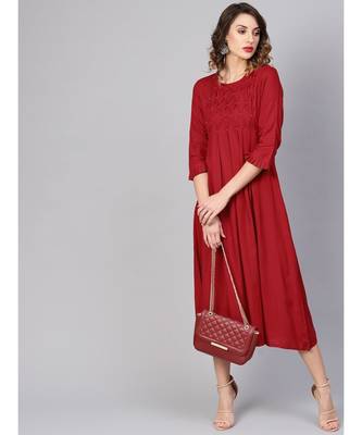 Dotted Rayon Dobby Solid A-Line Dress Maroon 1