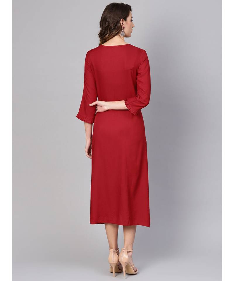 Dotted Rayon Dobby Solid A-Line Dress Maroon