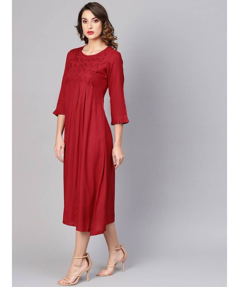 Dotted Rayon Dobby Solid A-Line Dress Maroon