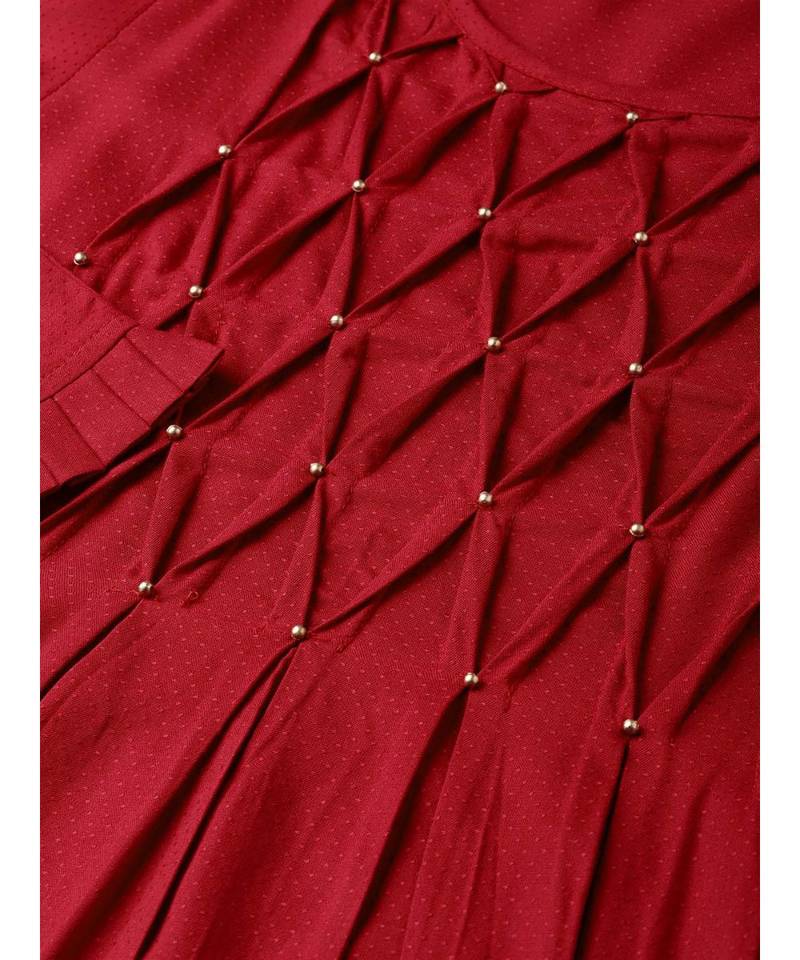 Dotted Rayon Dobby Solid A-Line Dress Maroon