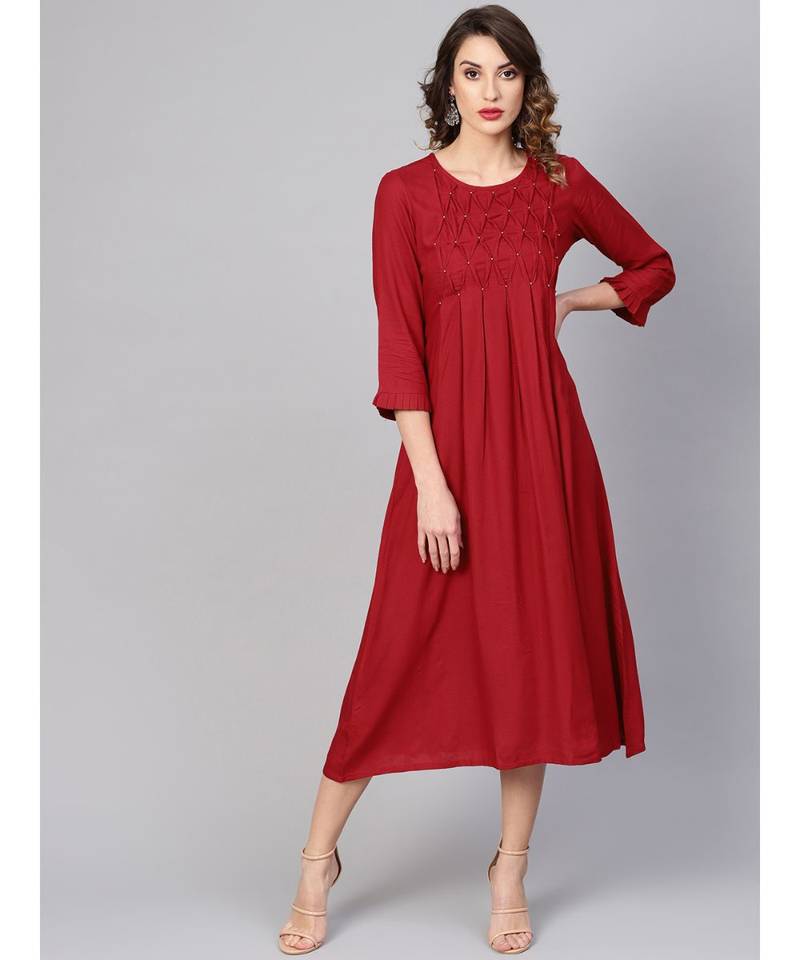 Dotted Rayon Dobby Solid A-Line Dress Maroon
