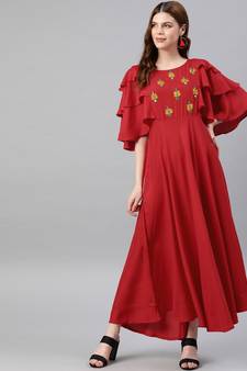 Rayon Embroidered Anarkali Ethnic Dress Red