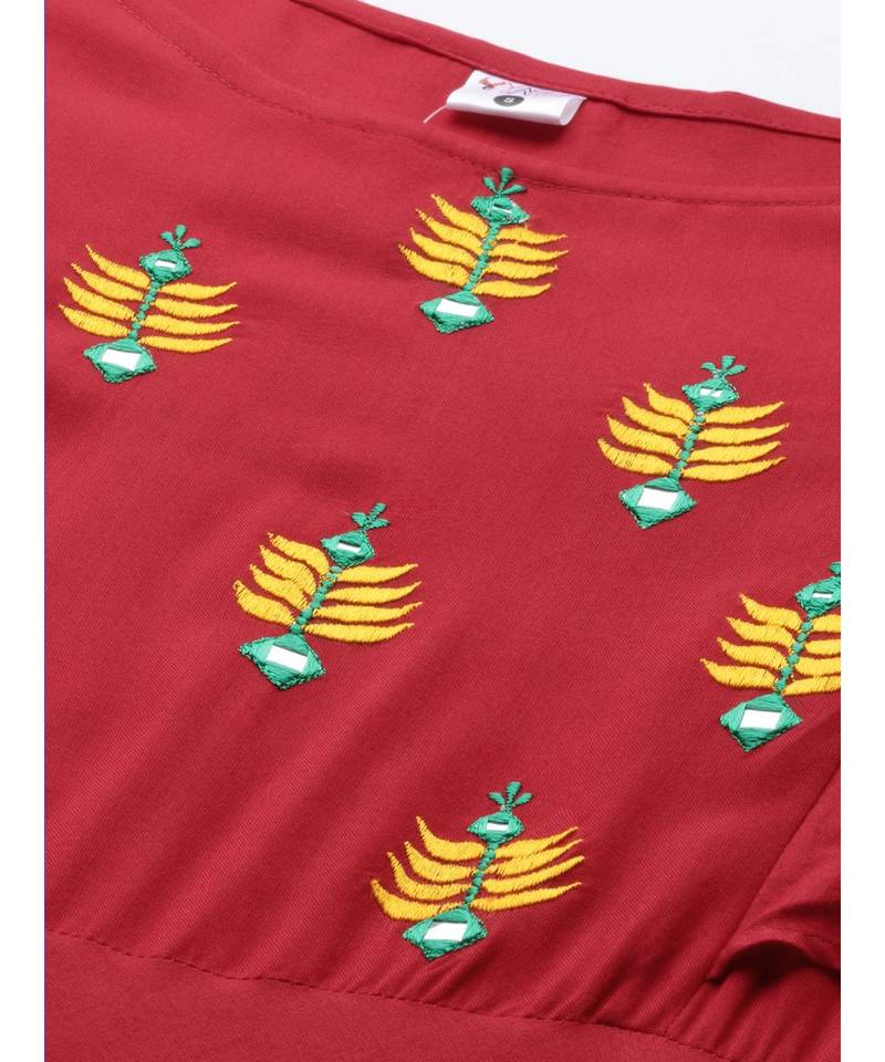 Rayon Embroidered Anarkali Ethnic Dress Red