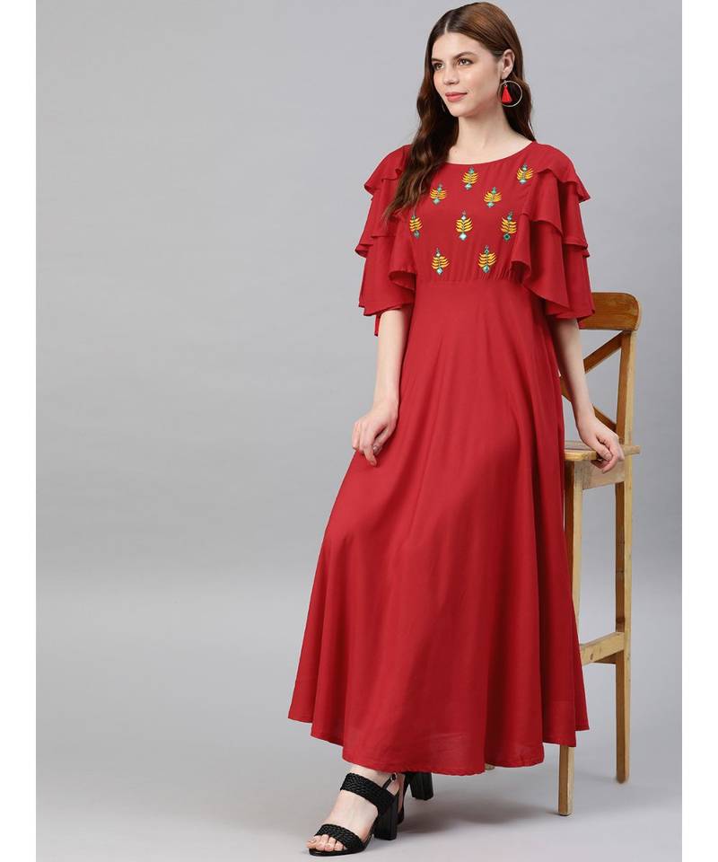 Rayon Embroidered Anarkali Ethnic Dress Red