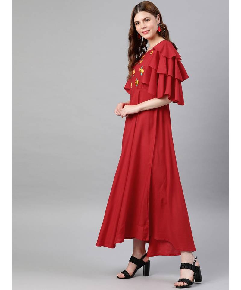 Rayon Embroidered Anarkali Ethnic Dress Red