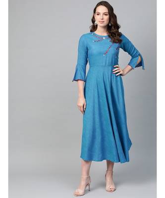 Viscose Embroidered Anarkali Kurta Dress Blue 1