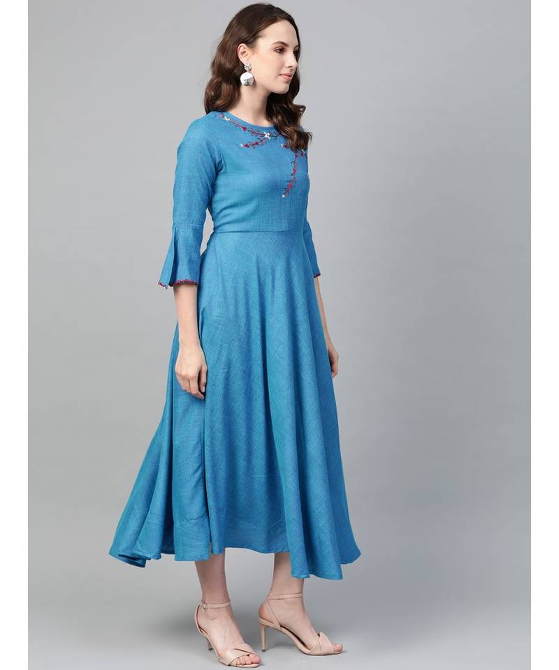 Viscose Embroidered Anarkali Kurta Dress Blue