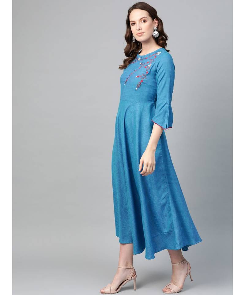 Viscose Embroidered Anarkali Kurta Dress Blue