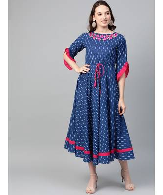 Cambric Cotton Embroidered Ikat Print Anarkali Kurta Dress Blue 1