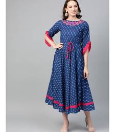 Cambric Cotton Embroidered Ikat Print Anarkali Kurta Dress Blue