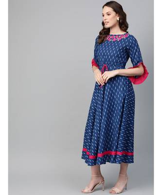 Cambric Cotton Embroidered Ikat Print Anarkali Kurta Dress Blue 2