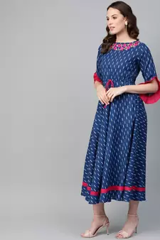 Cambric Cotton Embroidered Ikat Print Anarkali Kurta Dress Blue