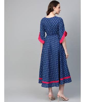 Cambric Cotton Embroidered Ikat Print Anarkali Kurta Dress Blue 3