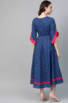 Cambric Cotton Embroidered Ikat Print Anarkali Kurta Dress Blue