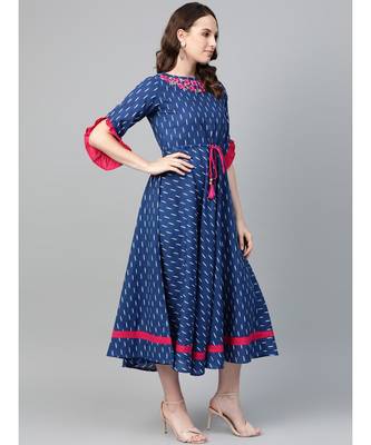 Cambric Cotton Embroidered Ikat Print Anarkali Kurta Dress Blue 4