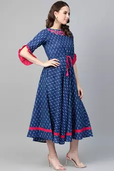 Cambric Cotton Embroidered Ikat Print Anarkali Kurta Dress Blue