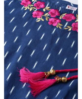 Cambric Cotton Embroidered Ikat Print Anarkali Kurta Dress Blue 5
