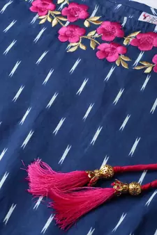 Cambric Cotton Embroidered Ikat Print Anarkali Kurta Dress Blue