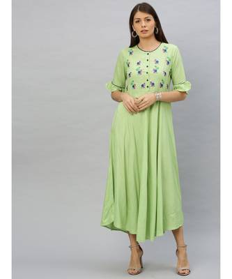 Rayon Slub Embroidered Anarkali Kurta Dress Green 1