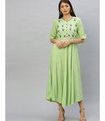Rayon Slub Embroidered Anarkali Kurta Dress Green