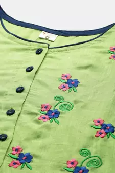 Rayon Slub Embroidered Anarkali Kurta Dress Green