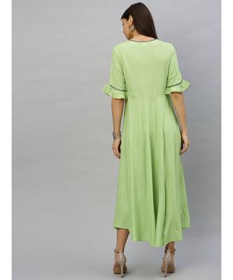 Rayon Slub Embroidered Anarkali Kurta Dress Green 3