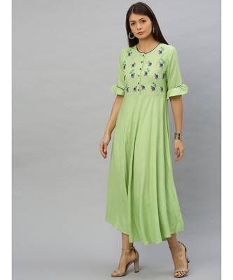 Rayon Slub Embroidered Anarkali Kurta Dress Green 4