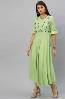 Rayon Slub Embroidered Anarkali Kurta Dress Green