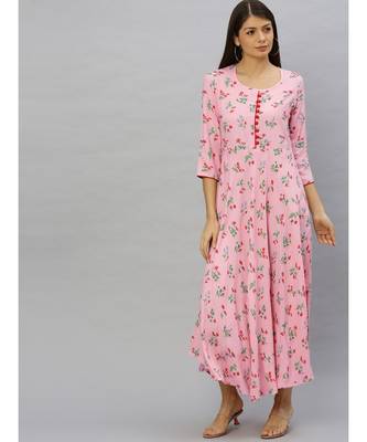 Rayon Floral Printed Anarkali Kurta Dress Pink 1