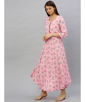 Rayon Floral Printed Anarkali Kurta Dress Pink 2