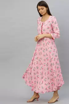 Rayon Floral Printed Anarkali Kurta Dress Pink