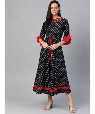 Cambric Cotton Embroidered Geomatrical Print Anarkali Kurta Dress Black 1