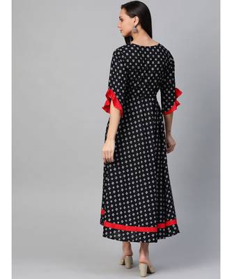 Cambric Cotton Embroidered Geomatrical Print Anarkali Kurta Dress Black 2