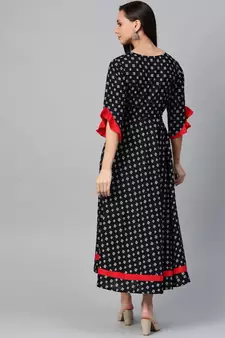 Cambric Cotton Embroidered Geomatrical Print Anarkali Kurta Dress Black