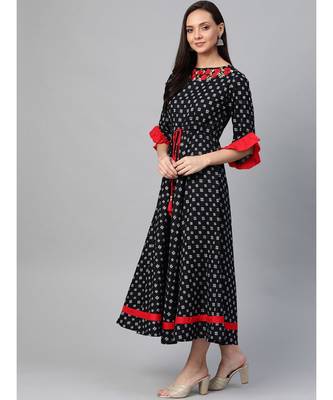 Cambric Cotton Embroidered Geomatrical Print Anarkali Kurta Dress Black 3