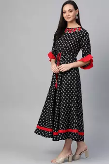 Cambric Cotton Embroidered Geomatrical Print Anarkali Kurta Dress Black