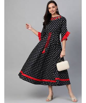 Cambric Cotton Embroidered Geomatrical Print Anarkali Kurta Dress Black 4