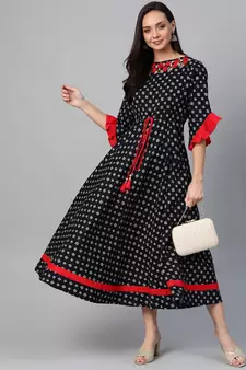 Cambric Cotton Embroidered Geomatrical Print Anarkali Kurta Dress Black