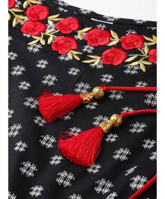 Cambric Cotton Embroidered Geomatrical Print Anarkali Kurta Dress Black 5