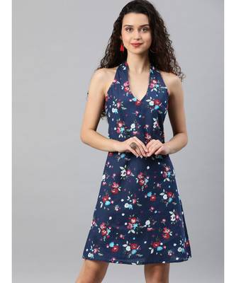 Cotton Floral Printed Short Dress Blue 1